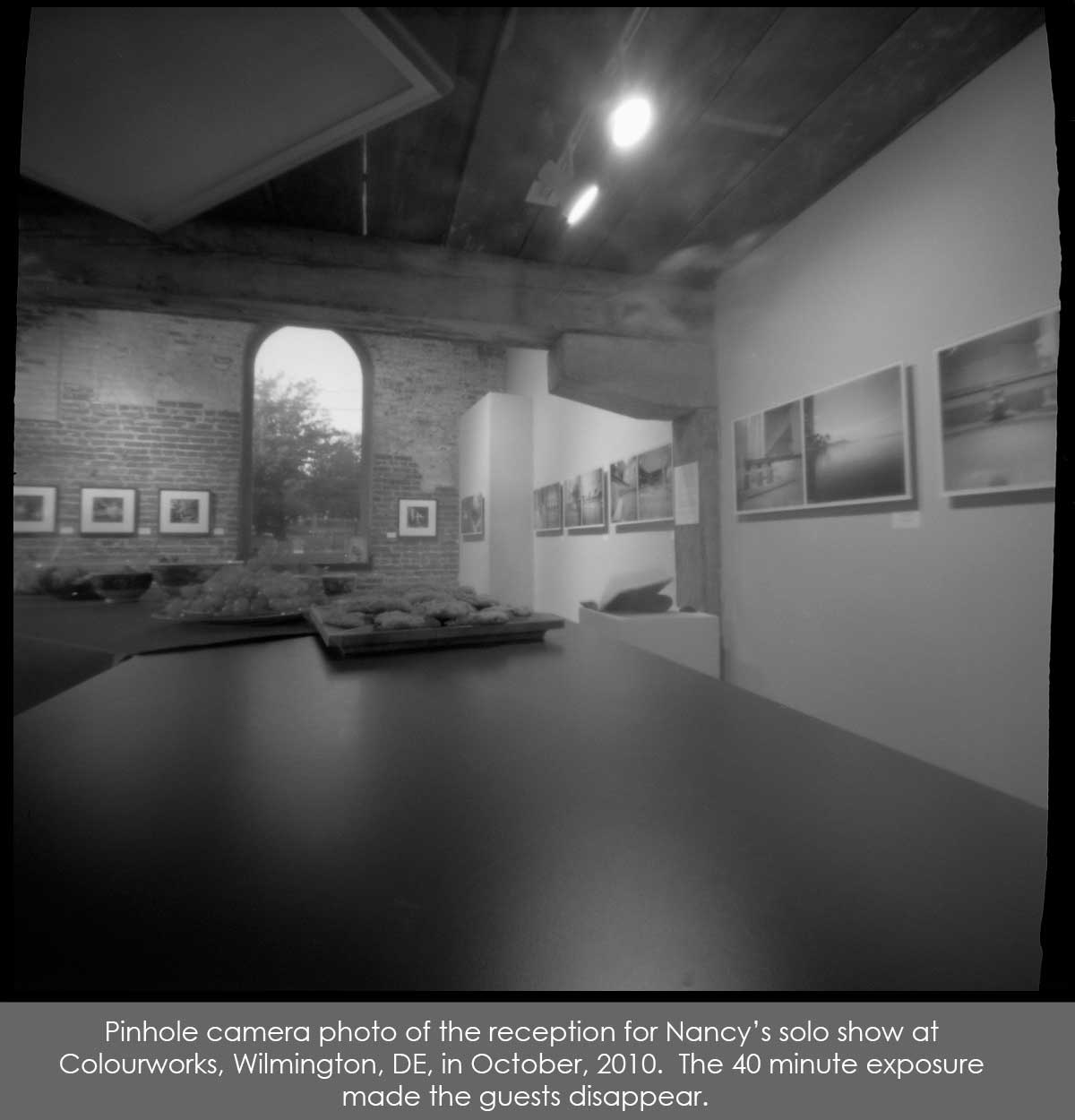 40 minute pinhole photo of the reception for Nancy's solo show at Colourworks, Wilmington, DE, in 2010.