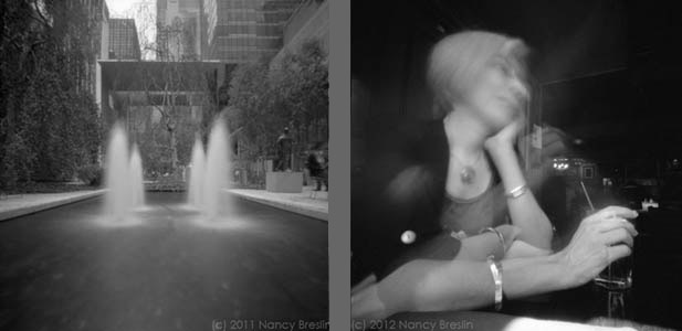Shows one outdoor pinhole photo with several second exposure and a longer exposure indoors.
