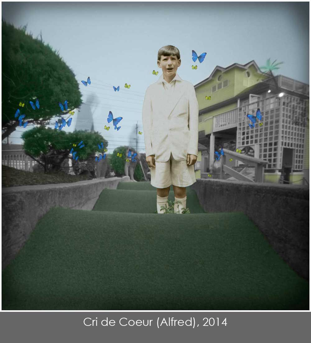 DIgital collage of a vintage photo of my father, a pinhole photo of a mini-golf course on LBI, NJ, and scanned butterflies.